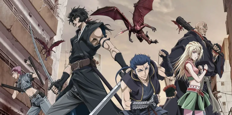Terrible Flaw | Key characters from the anime series Gibiate standing together in a ruined post-apocalyptic city street with monster creatures flying overhead.