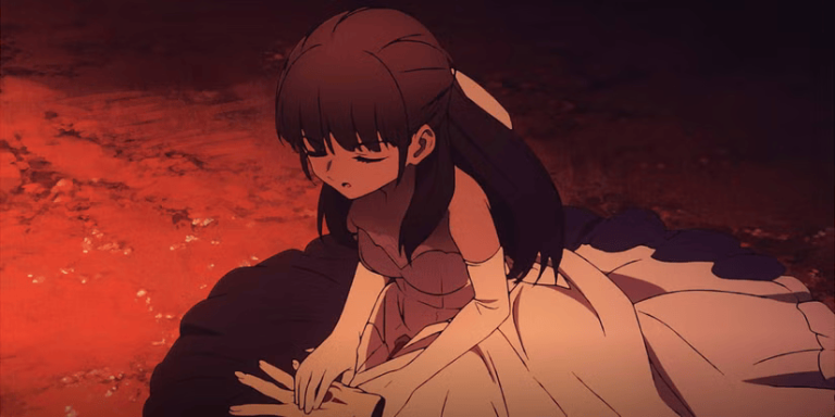 A Heroine with Heart | Tiné Chelc with eyes closed in a white dress and opera gloves under a dramatic red light, from Fate/strange Fake.