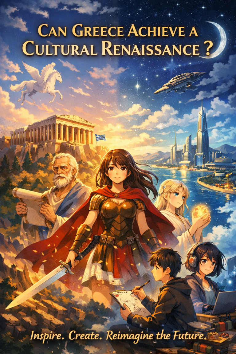 Anime legacy-Anime-style advertising poster showing an ancient philosopher, a Greek female warrior in armor, and modern youth with a computer, with the Parthenon and a futuristic city in the background.