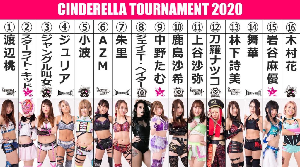 Stardom Joshi | Official tournament line-up infographic for Stardom Cinderella Tournament 2020 featuring Giulia, Hana Kimura, and Mayu Iwatani.